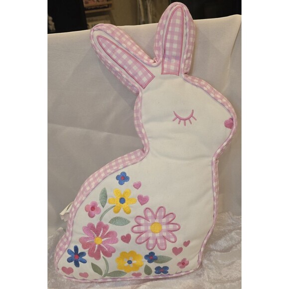 Farmhouse Rachel Ashwell Rabbit Bunny Shaped Pillow Pink Gingham Flowers Easter - Picture 1 of 6